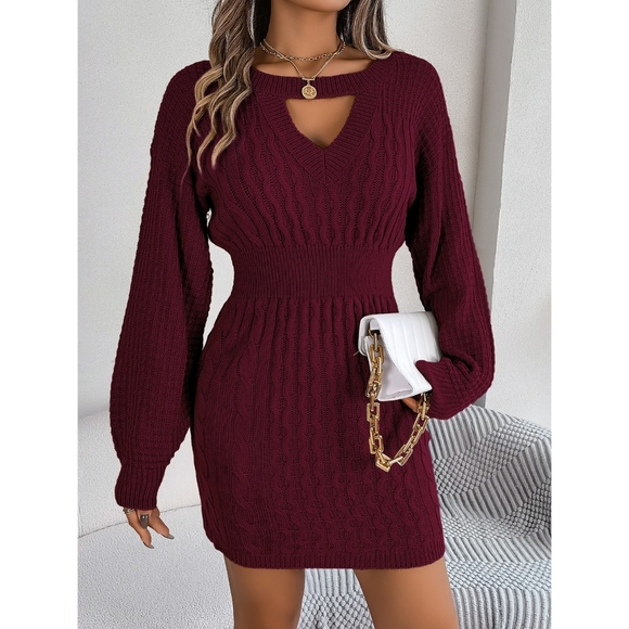 Wine Round Neck Sweater Dress - Picture 4 of 7